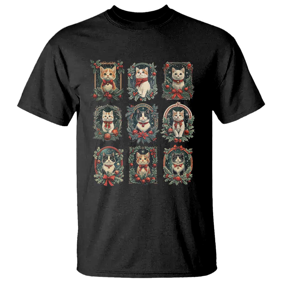 Christmas Cat T Shirt Vintage Kitten Victorian Holly Wreath - Wonder Print Shop