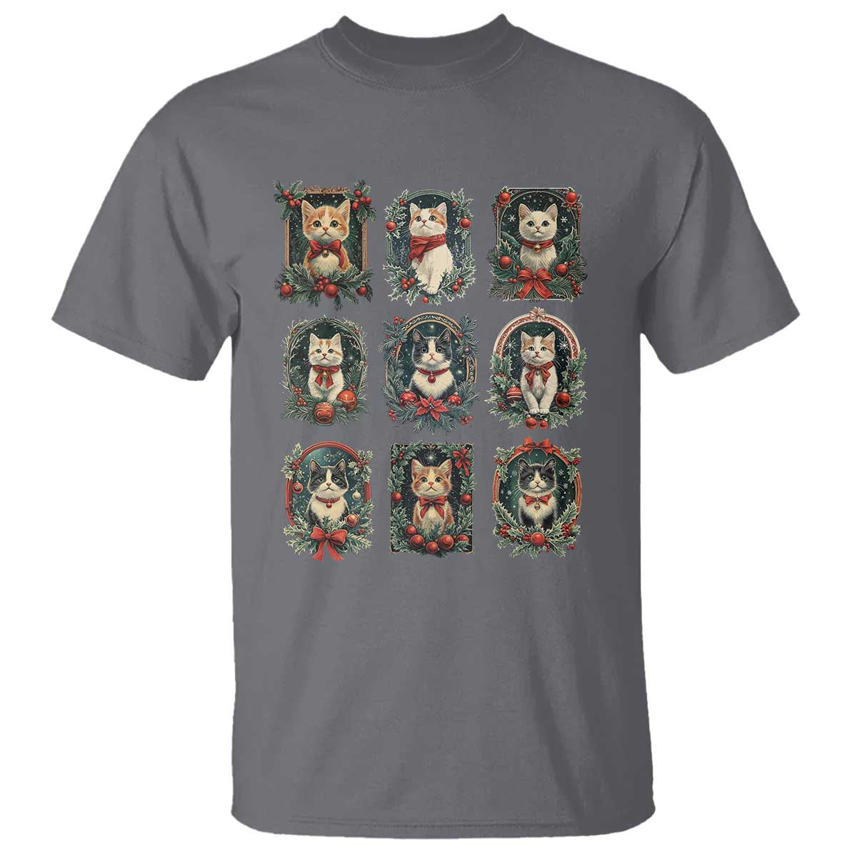 Christmas Cat T Shirt Vintage Kitten Victorian Holly Wreath - Wonder Print Shop