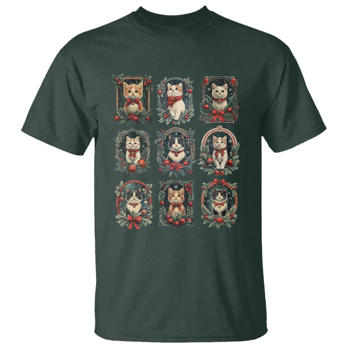 Christmas Cat T Shirt Vintage Kitten Victorian Holly Wreath - Wonder Print Shop