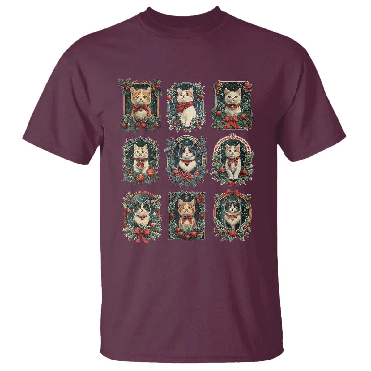 Christmas Cat T Shirt Vintage Kitten Victorian Holly Wreath - Wonder Print Shop