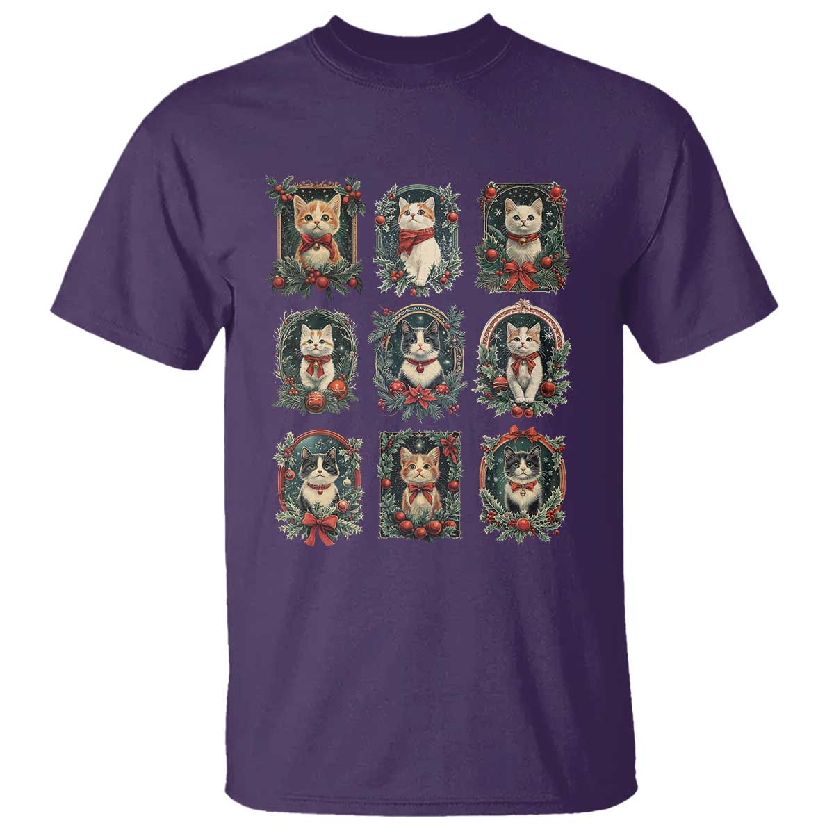 Christmas Cat T Shirt Vintage Kitten Victorian Holly Wreath - Wonder Print Shop