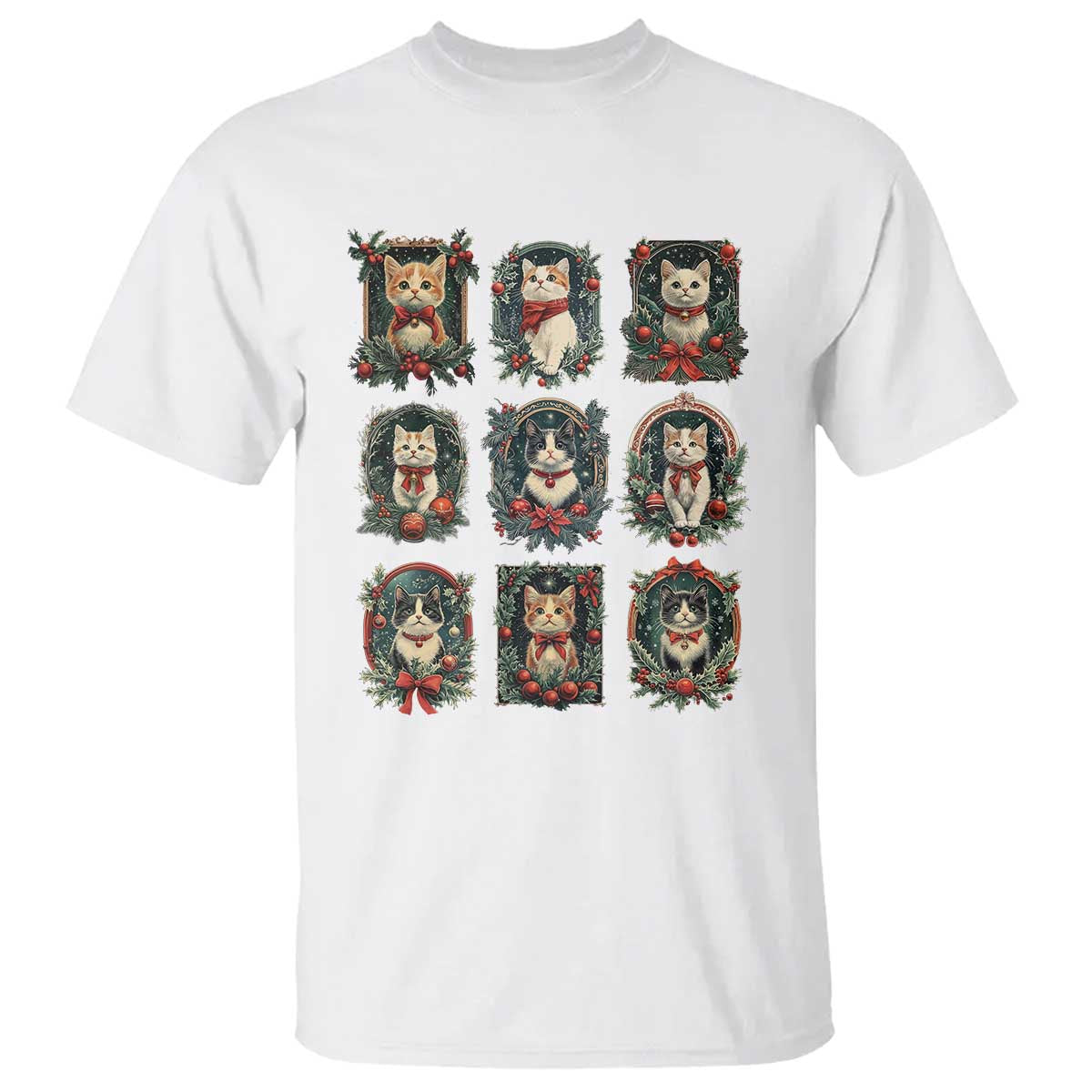 Christmas Cat T Shirt Vintage Kitten Victorian Holly Wreath - Wonder Print Shop
