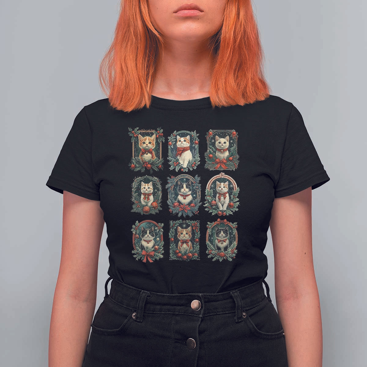 Christmas Cat T Shirt For Women Vintage Kitten Victorian Holly Wreath - Wonder Print Shop