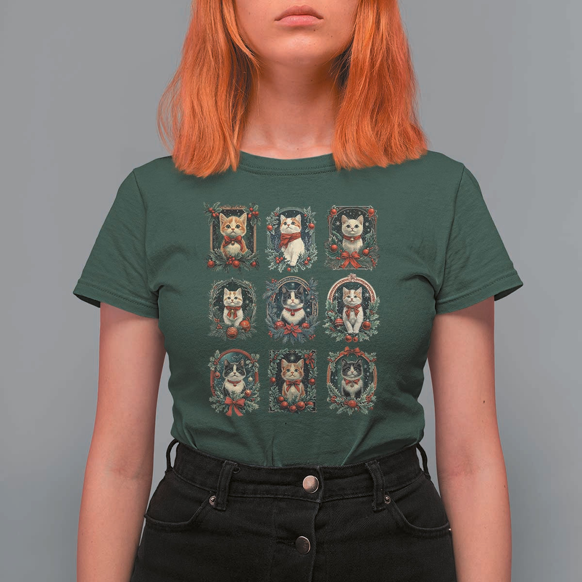 Christmas Cat T Shirt For Women Vintage Kitten Victorian Holly Wreath - Wonder Print Shop