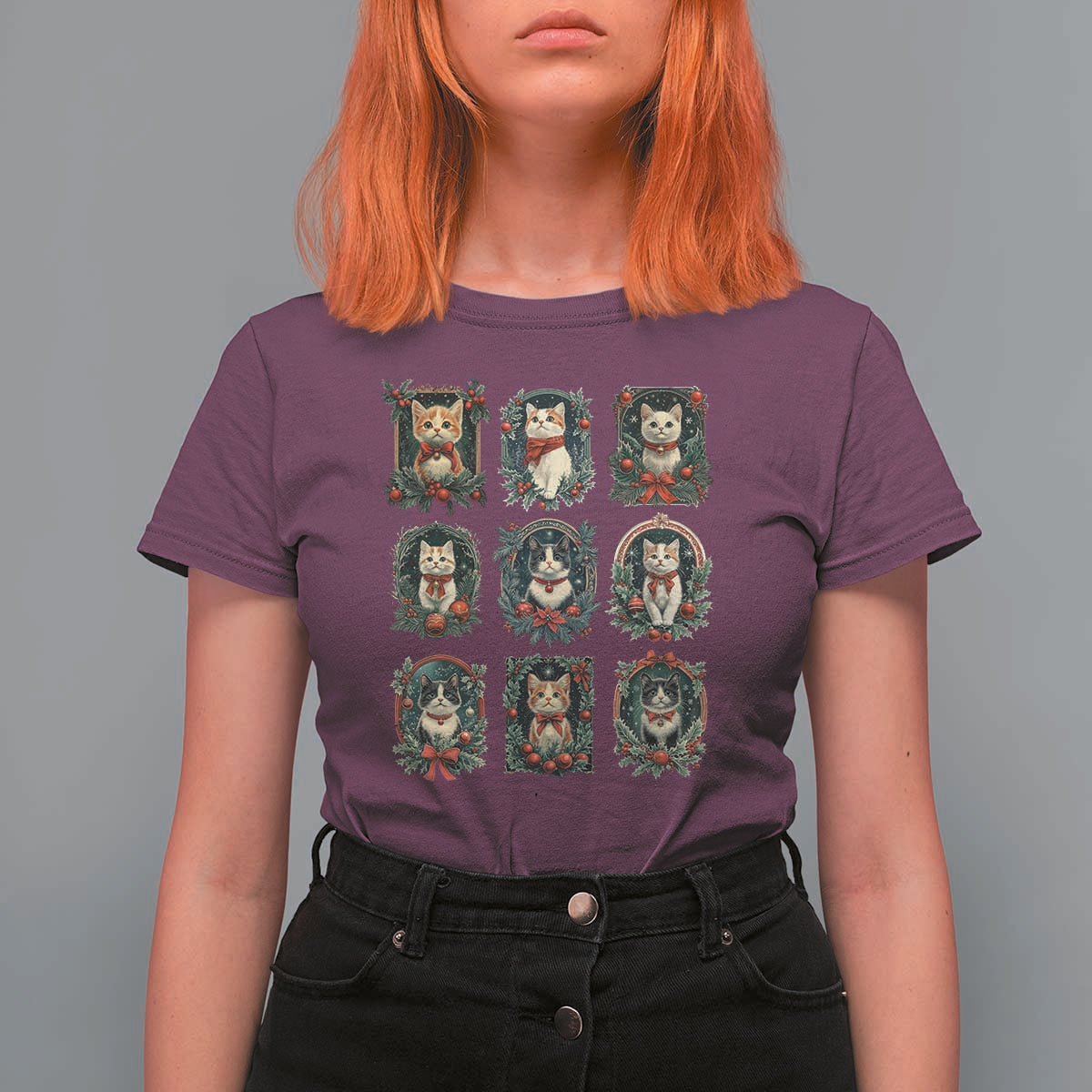 Christmas Cat T Shirt For Women Vintage Kitten Victorian Holly Wreath - Wonder Print Shop