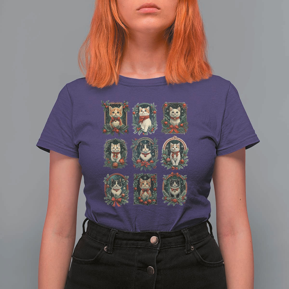 Christmas Cat T Shirt For Women Vintage Kitten Victorian Holly Wreath - Wonder Print Shop