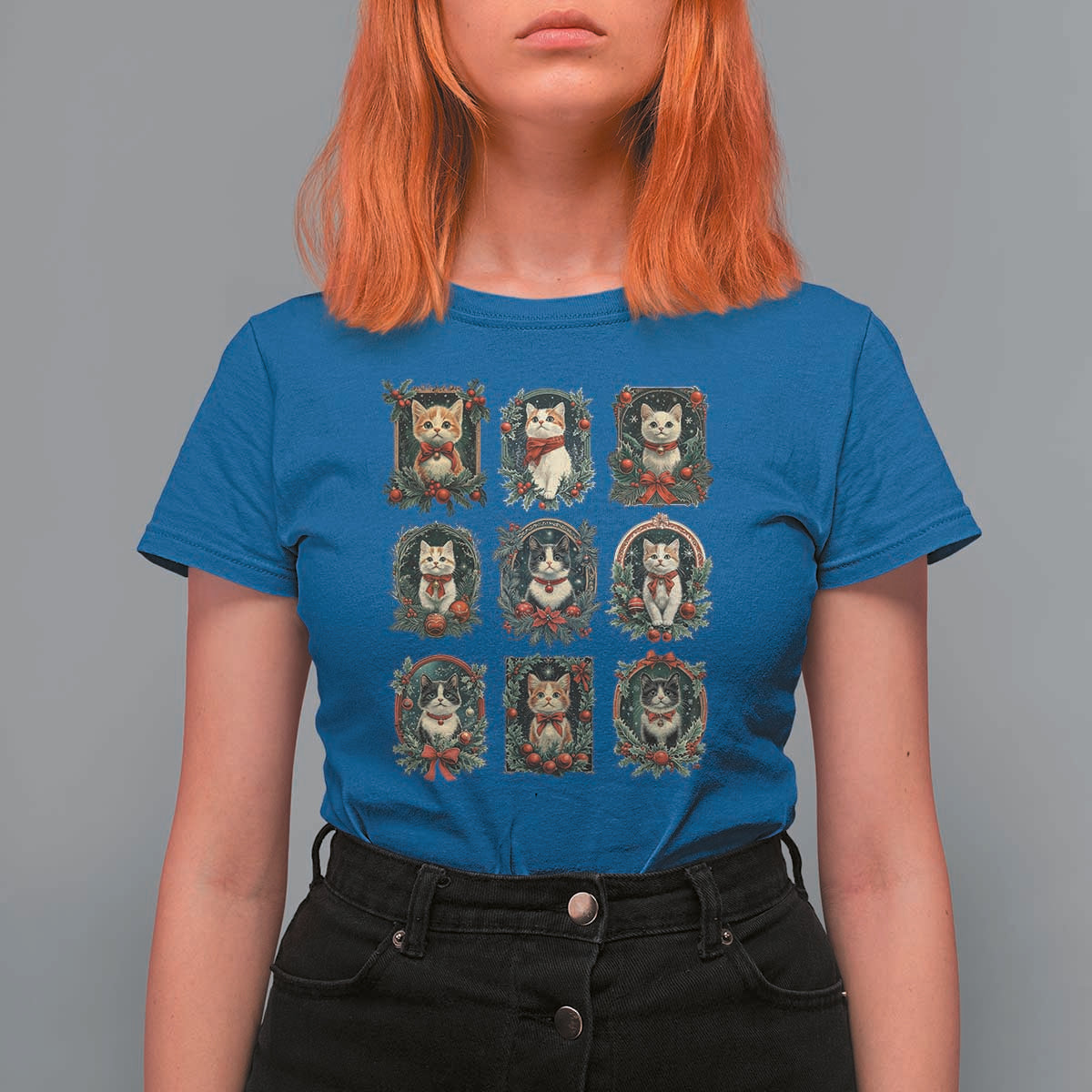 Christmas Cat T Shirt For Women Vintage Kitten Victorian Holly Wreath - Wonder Print Shop