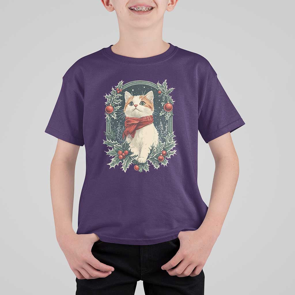 Christmas Cat T Shirt For Kid Vintage Kitten Victorian Royal Holly - Wonder Print Shop