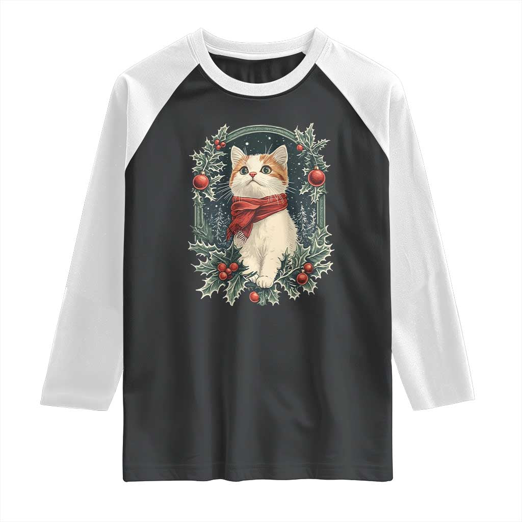 Christmas Cat Raglan Shirt Vintage Kitten Victorian Royal Holly