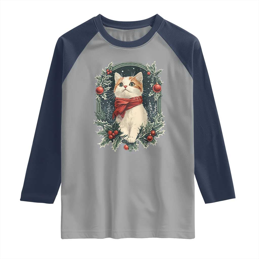 Christmas Cat Raglan Shirt Vintage Kitten Victorian Royal Holly