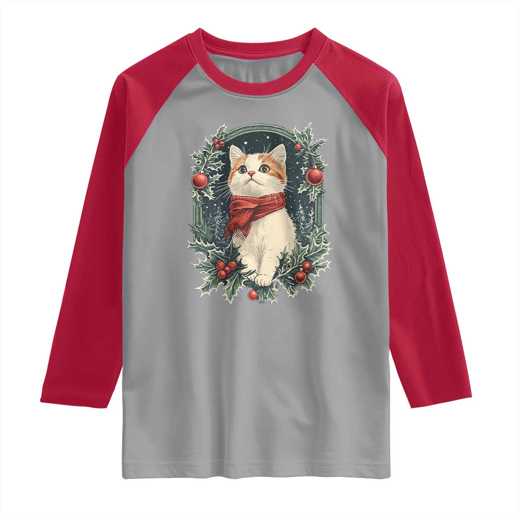 Christmas Cat Raglan Shirt Vintage Kitten Victorian Royal Holly