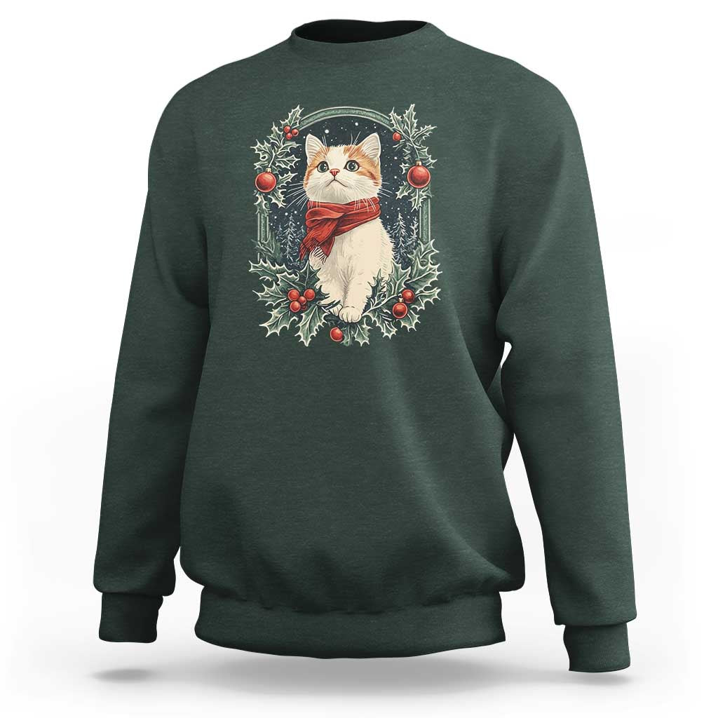 Christmas Cat Sweatshirt Vintage Kitten Victorian Royal Holly - Wonder Print Shop