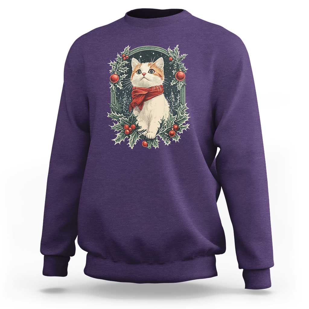 Christmas Cat Sweatshirt Vintage Kitten Victorian Royal Holly - Wonder Print Shop