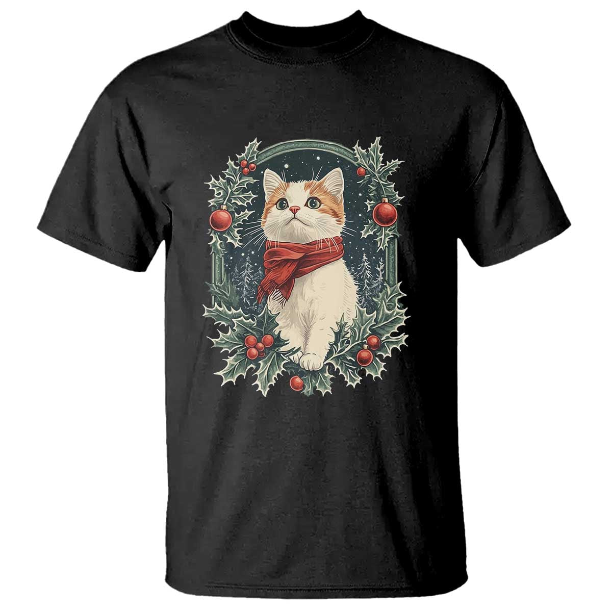 Christmas Cat T Shirt Vintage Kitten Victorian Royal Holly - Wonder Print Shop