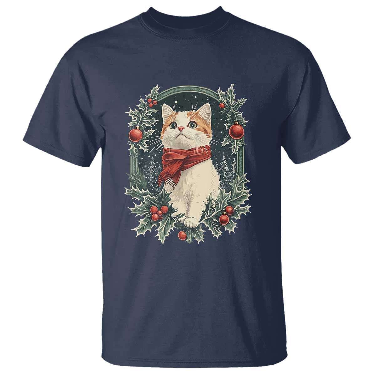 Christmas Cat T Shirt Vintage Kitten Victorian Royal Holly - Wonder Print Shop