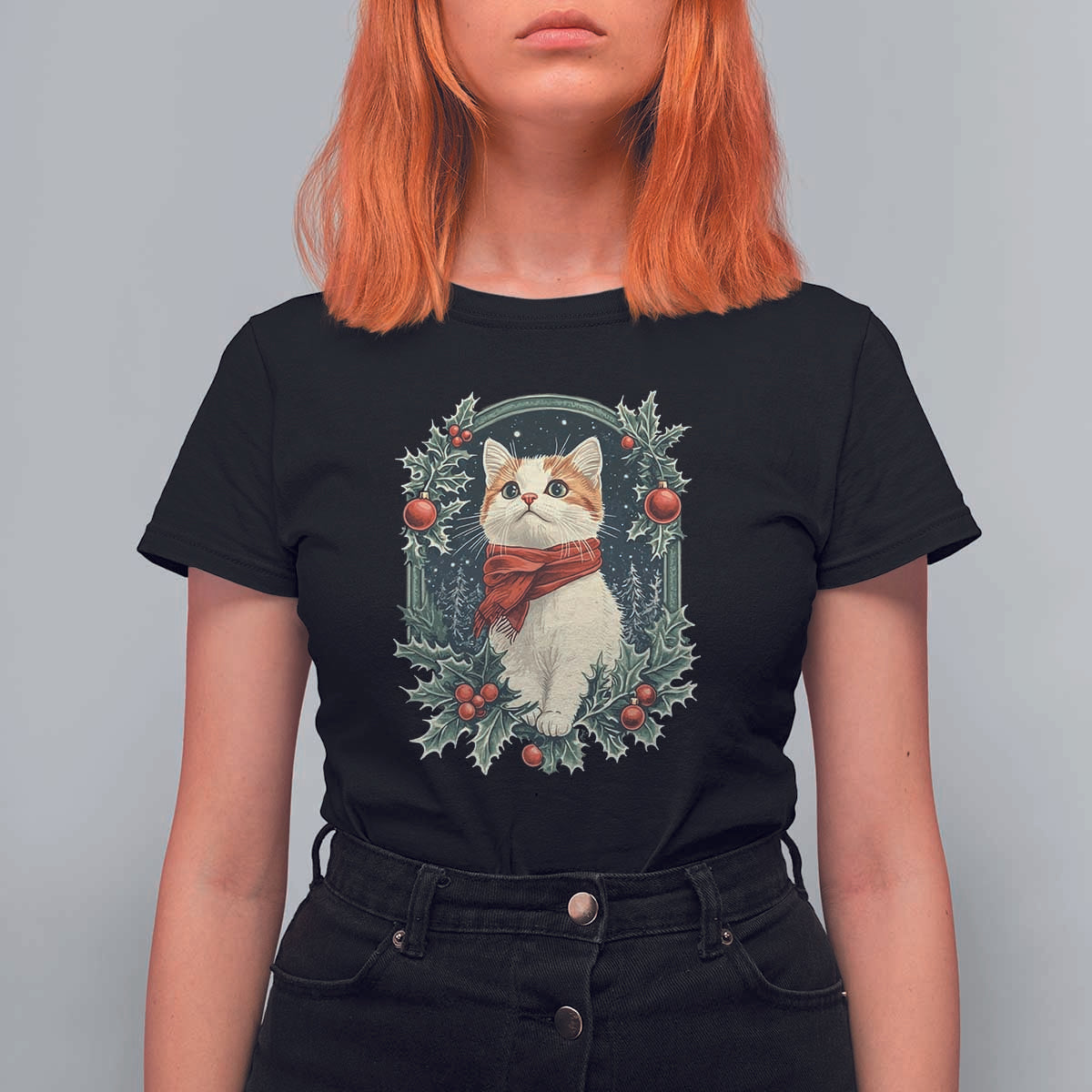 Christmas Cat T Shirt For Women Vintage Kitten Victorian Royal Holly - Wonder Print Shop