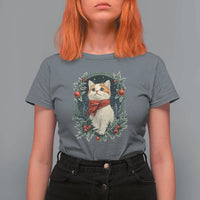 Christmas Cat T Shirt For Women Vintage Kitten Victorian Royal Holly - Wonder Print Shop