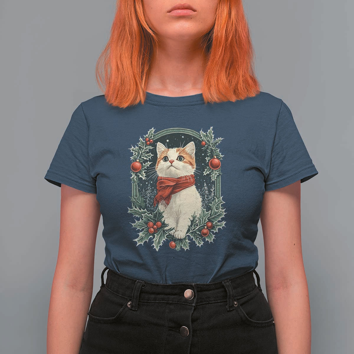 Christmas Cat T Shirt For Women Vintage Kitten Victorian Royal Holly - Wonder Print Shop