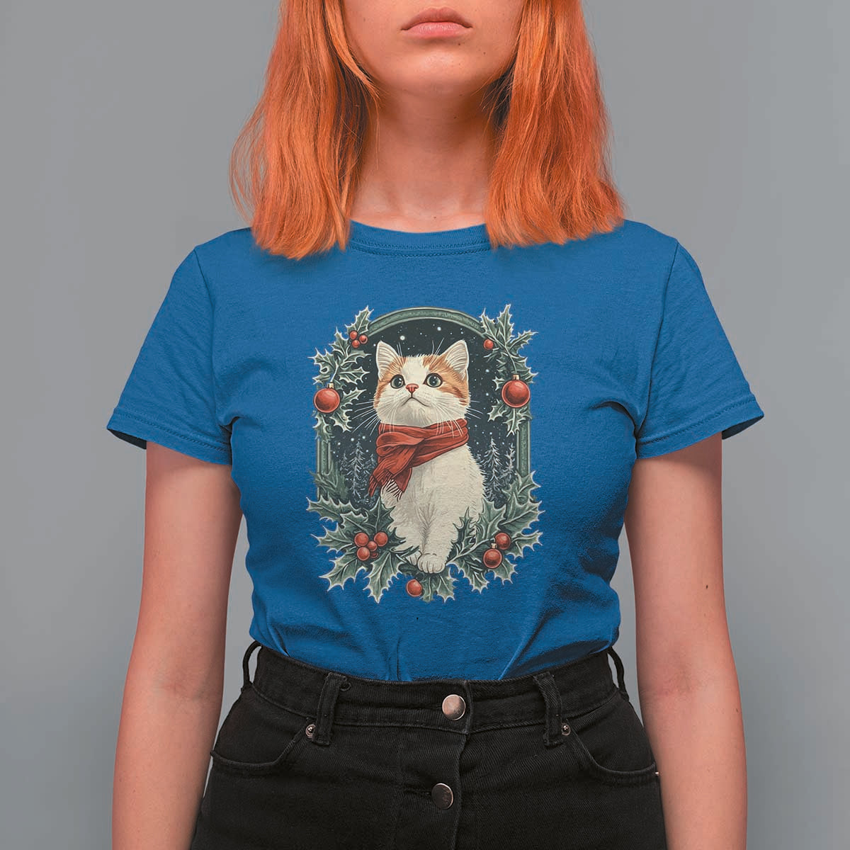 Christmas Cat T Shirt For Women Vintage Kitten Victorian Royal Holly - Wonder Print Shop