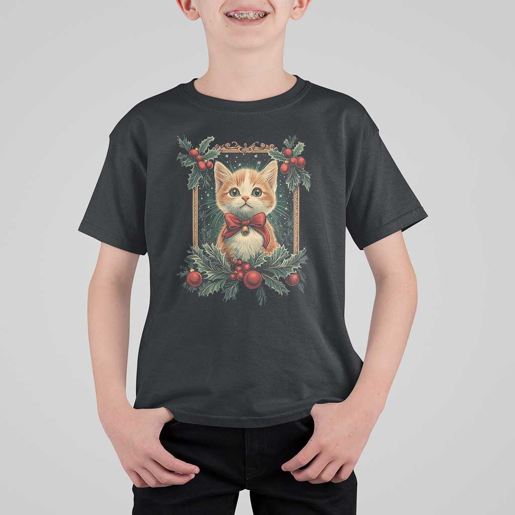 Christmas Cat T Shirt For Kid Vintage Kitten Royal Victorian Holly Wreath - Wonder Print Shop