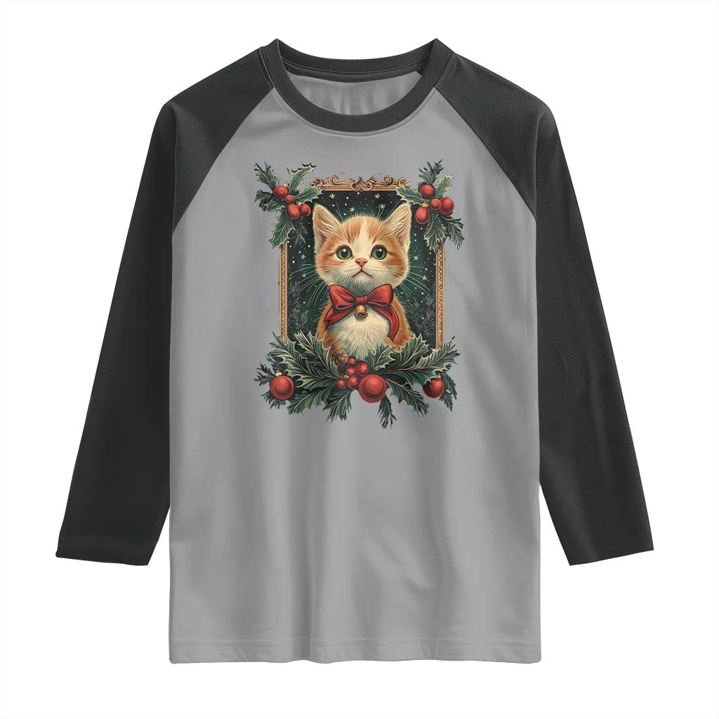 Christmas Cat Raglan Shirt Vintage Kitten Royal Victorian Holly Wreath