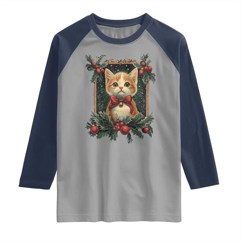 Christmas Cat Raglan Shirt Vintage Kitten Royal Victorian Holly Wreath