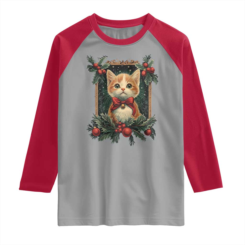 Christmas Cat Raglan Shirt Vintage Kitten Royal Victorian Holly Wreath