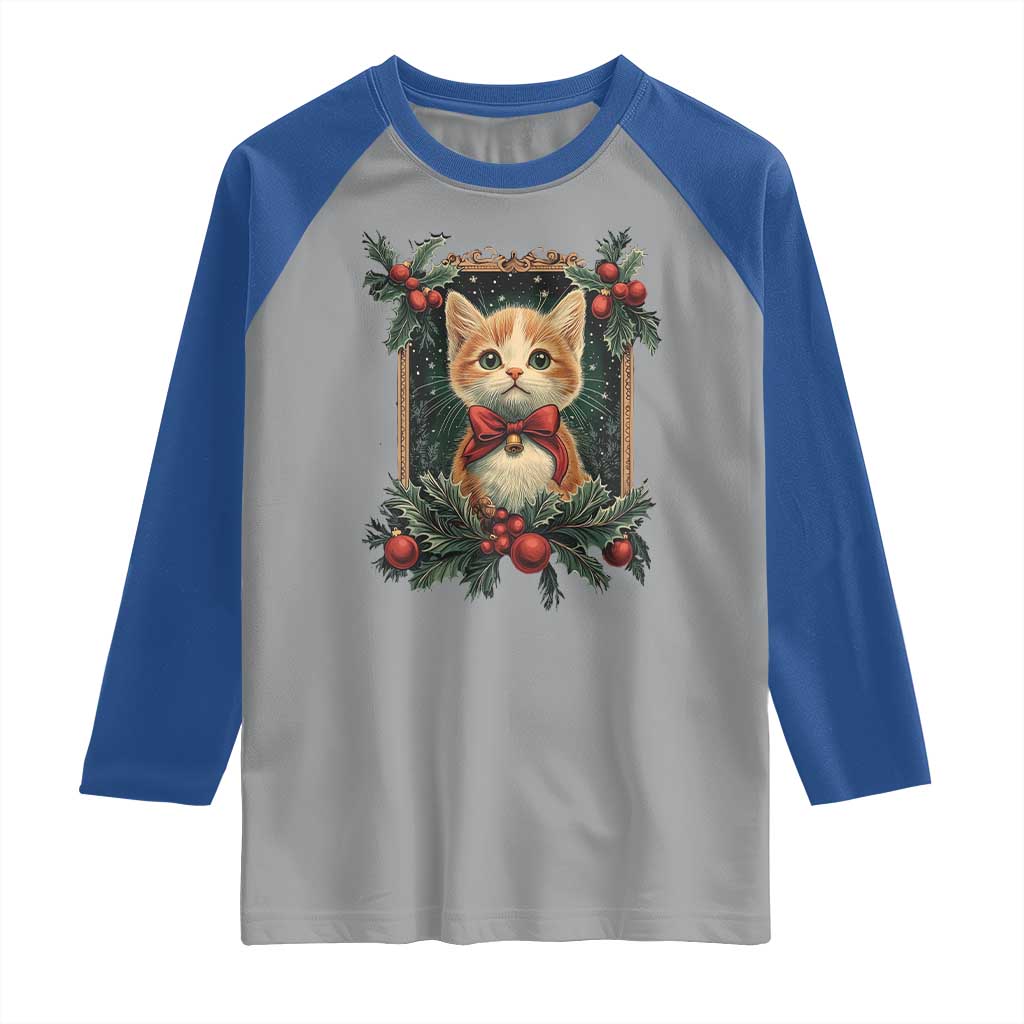 Christmas Cat Raglan Shirt Vintage Kitten Royal Victorian Holly Wreath