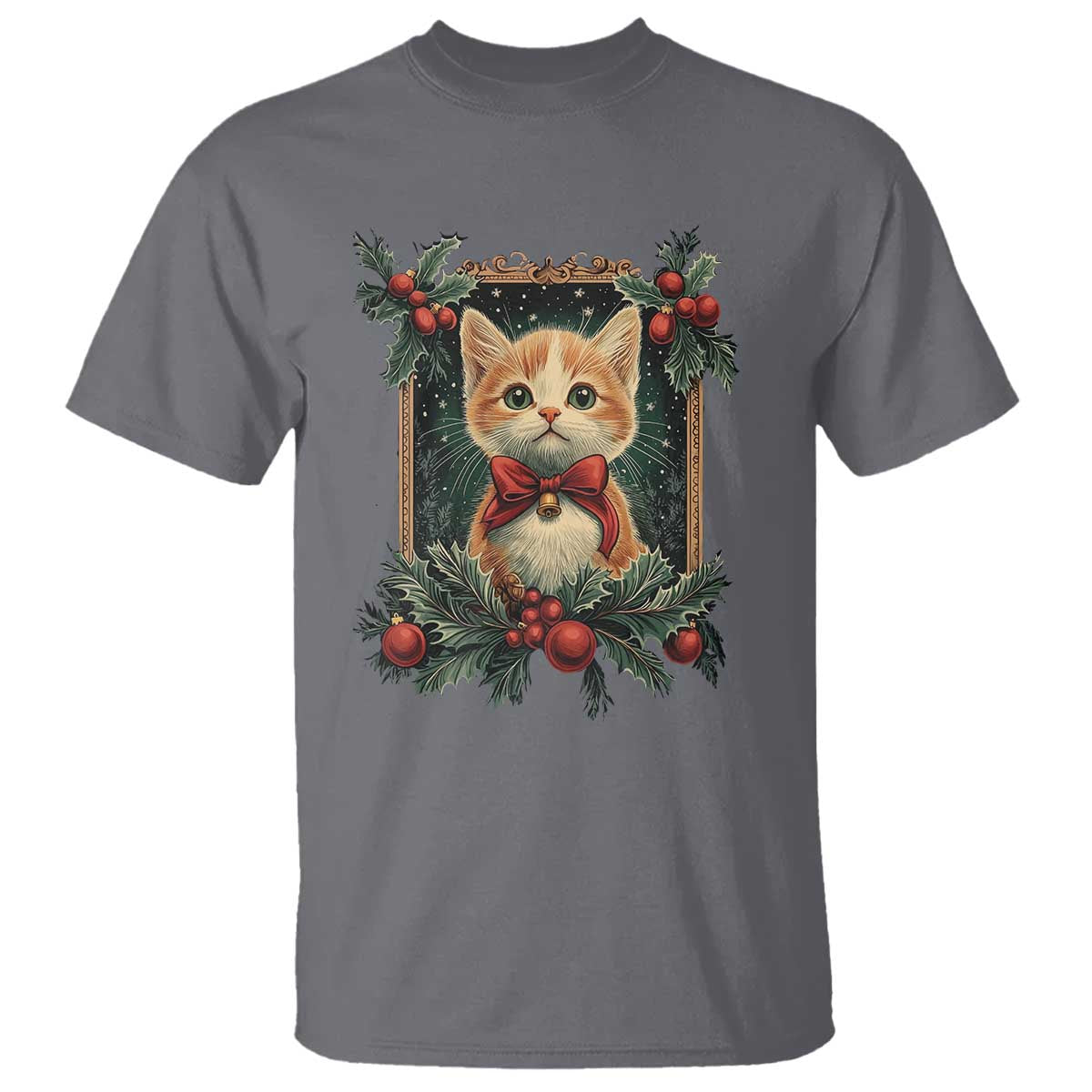 Christmas Cat T Shirt Vintage Kitten Royal Victorian Holly Wreath - Wonder Print Shop