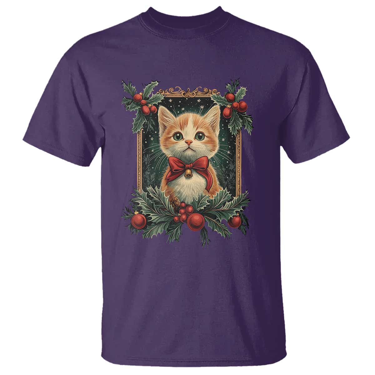 Christmas Cat T Shirt Vintage Kitten Royal Victorian Holly Wreath - Wonder Print Shop