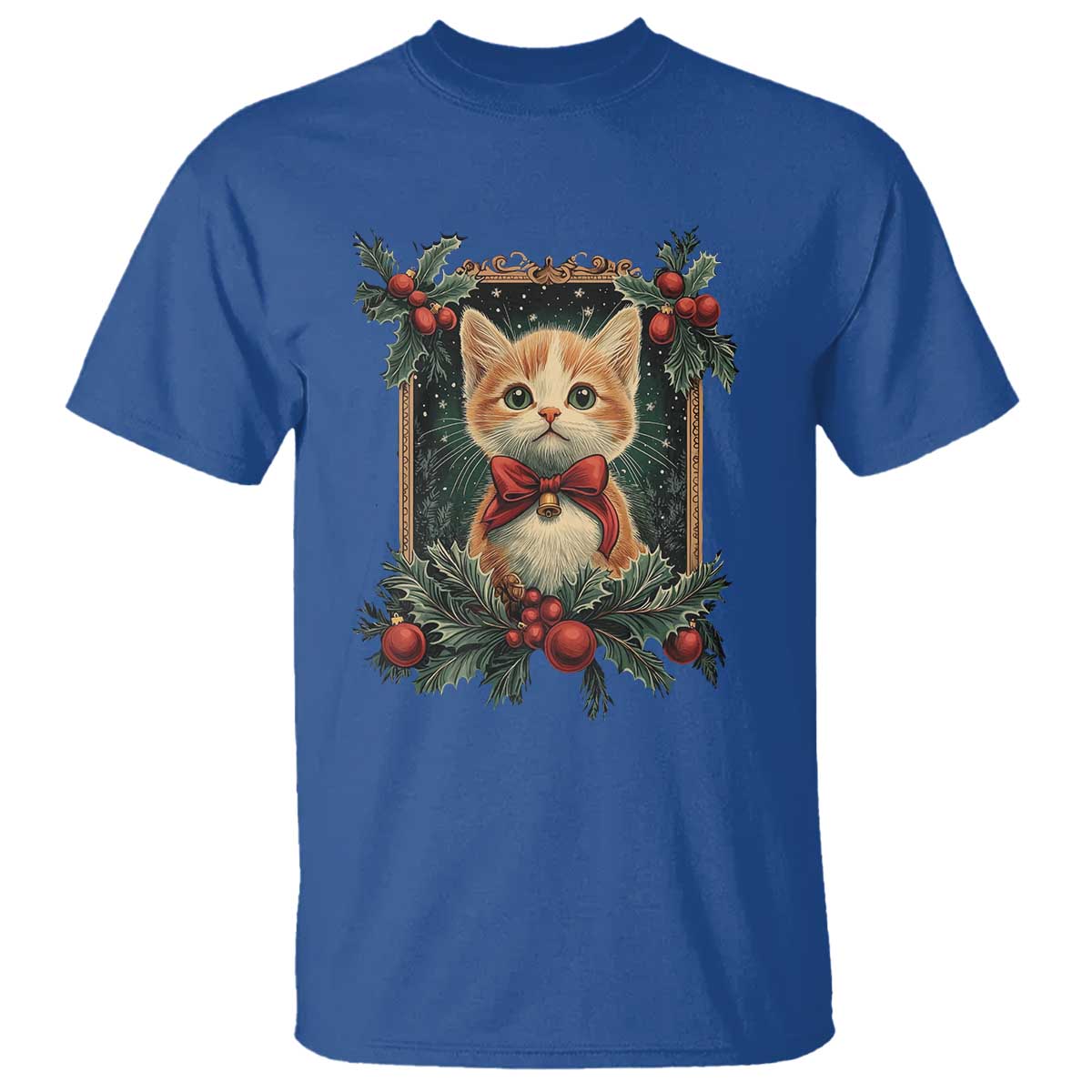 Christmas Cat T Shirt Vintage Kitten Royal Victorian Holly Wreath - Wonder Print Shop