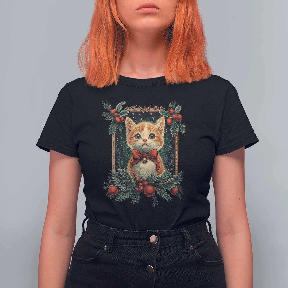 Christmas Cat T Shirt For Women Vintage Kitten Royal Victorian Holly Wreath - Wonder Print Shop