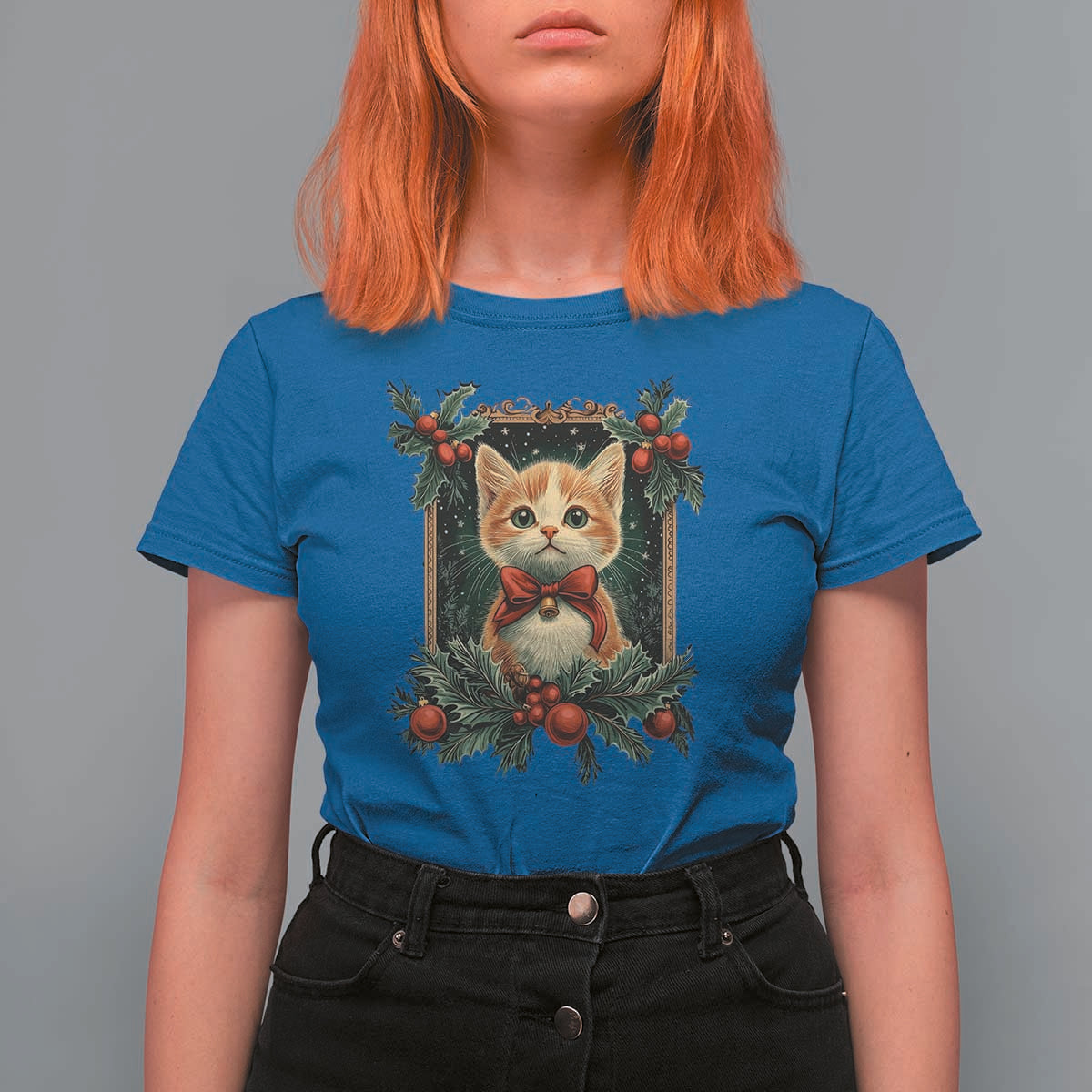 Christmas Cat T Shirt For Women Vintage Kitten Royal Victorian Holly Wreath - Wonder Print Shop