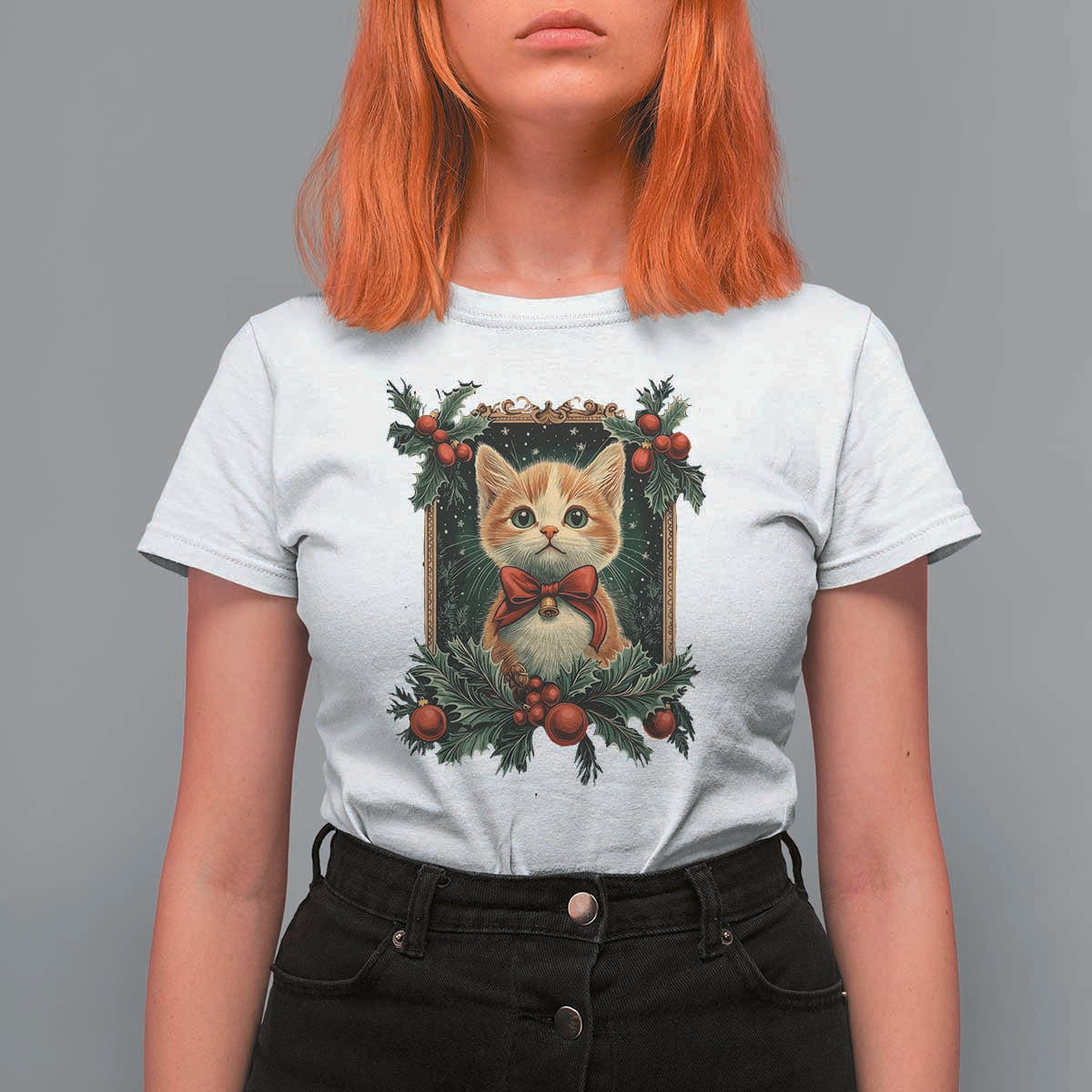 Christmas Cat T Shirt For Women Vintage Kitten Royal Victorian Holly Wreath - Wonder Print Shop
