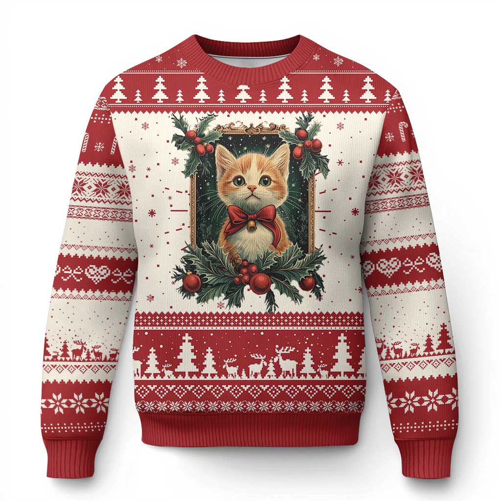Xmas Cat Ugly Christmas Sweater Vintage Kitten Royal Victorian Holly Wreath - Wonder Print Shop
