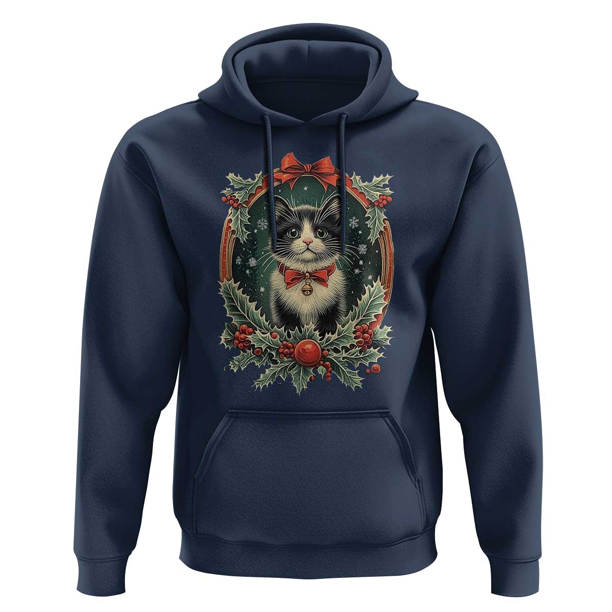 Christmas Cat Hoodie Vintage Kitten Royal Holly Victorian Wreath
