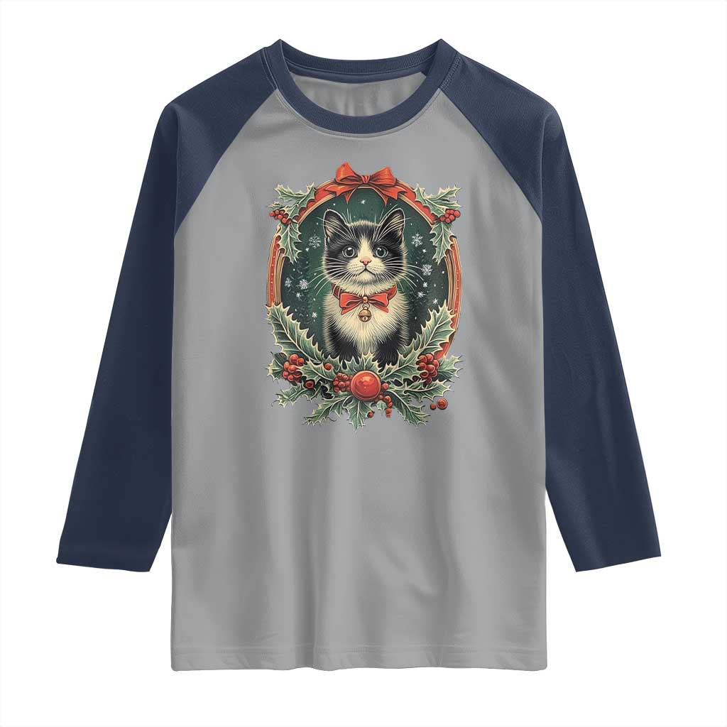 Christmas Cat Raglan Shirt Vintage Kitten Royal Holly Victorian Wreath