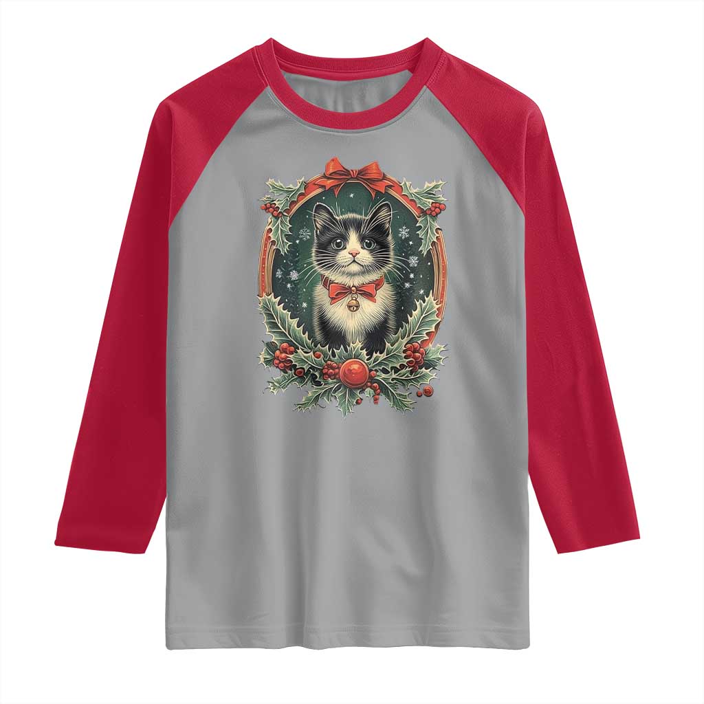 Christmas Cat Raglan Shirt Vintage Kitten Royal Holly Victorian Wreath