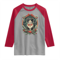 Christmas Cat Raglan Shirt Vintage Kitten Royal Holly Victorian Wreath