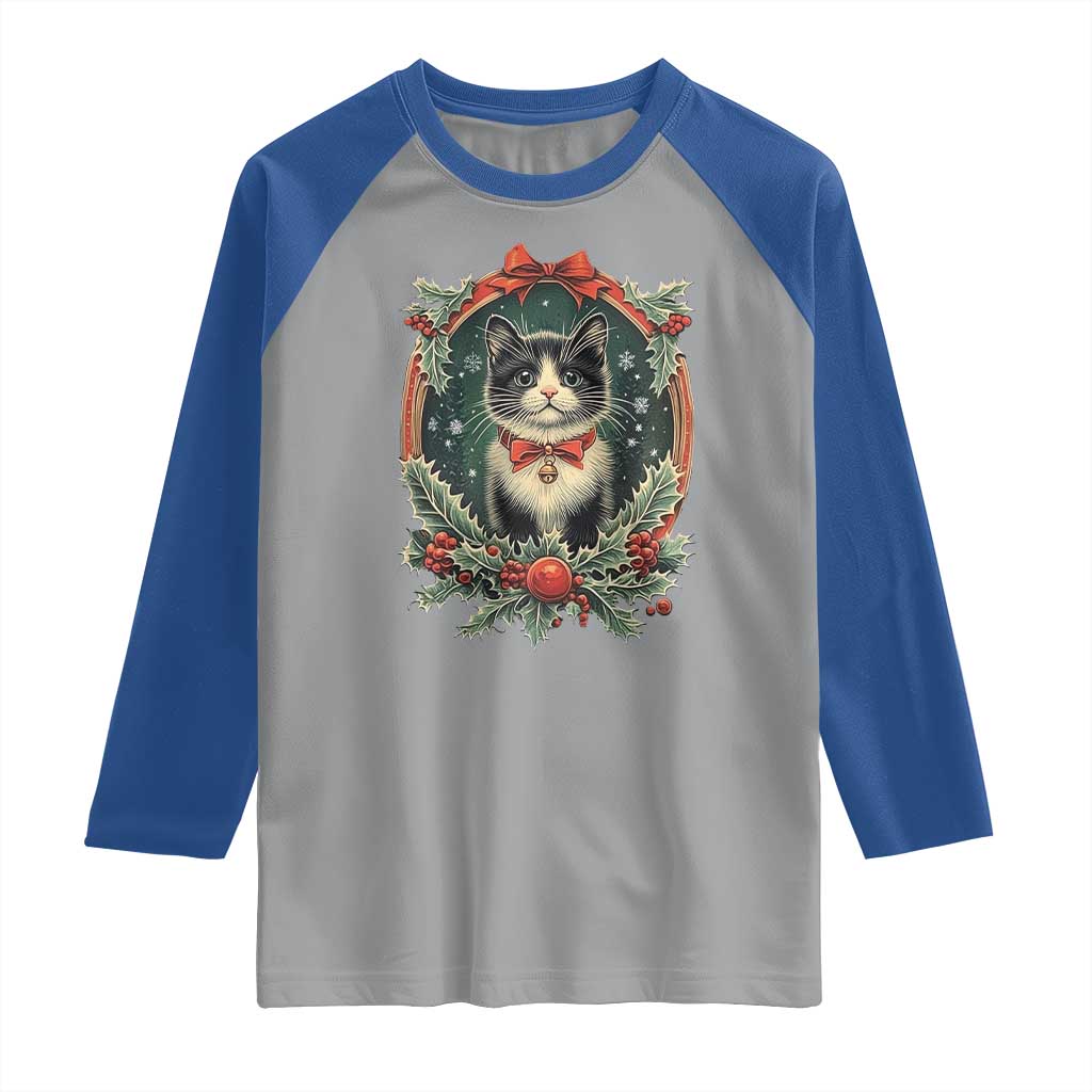 Christmas Cat Raglan Shirt Vintage Kitten Royal Holly Victorian Wreath