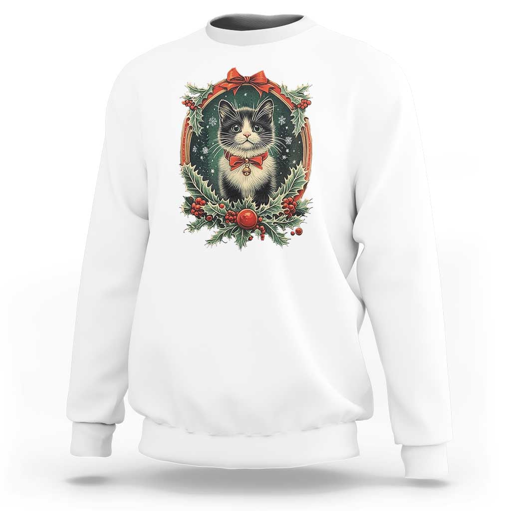 Christmas Cat Sweatshirt Vintage Kitten Royal Holly Victorian Wreath - Wonder Print Shop