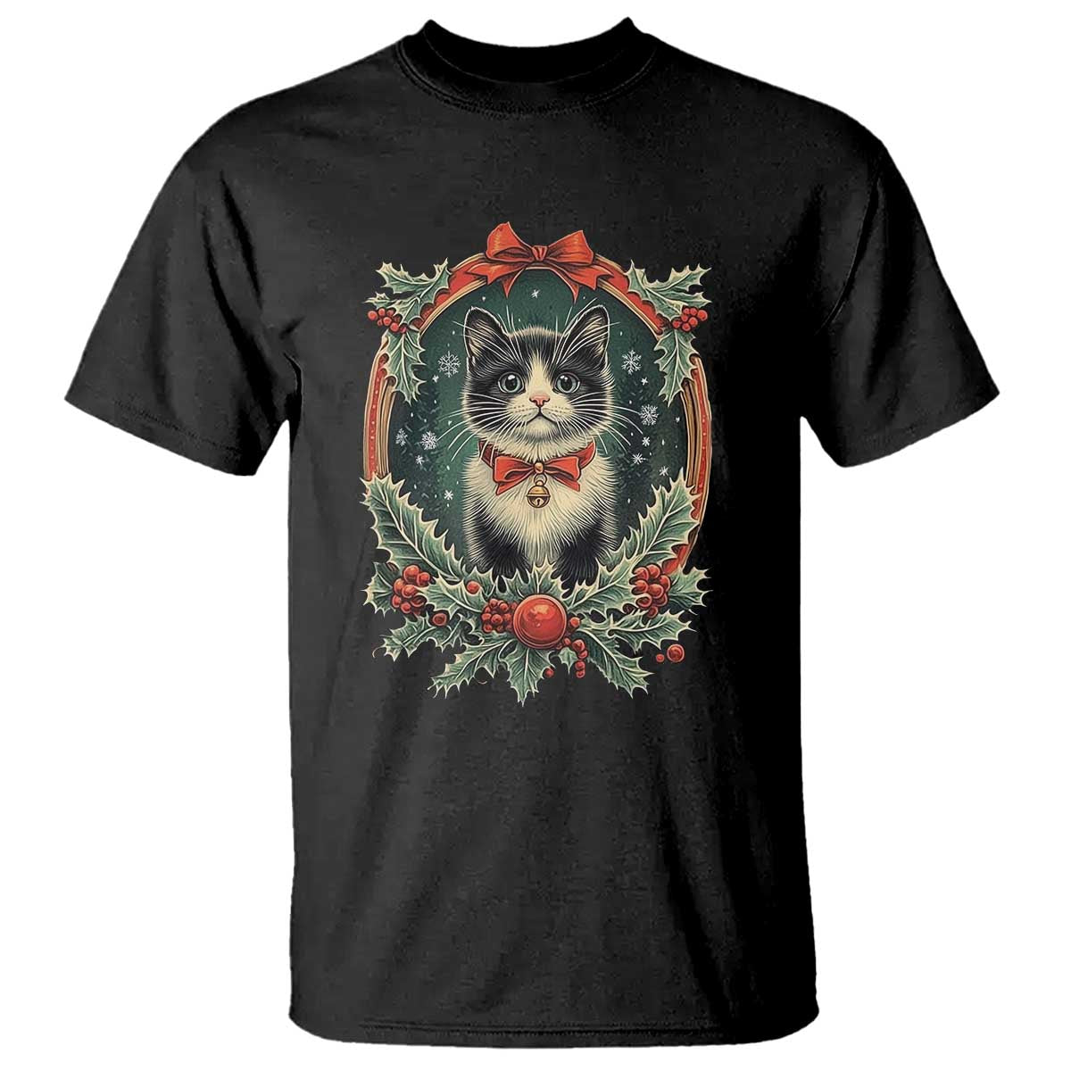 Christmas Cat T Shirt Vintage Kitten Royal Holly Victorian Wreath - Wonder Print Shop