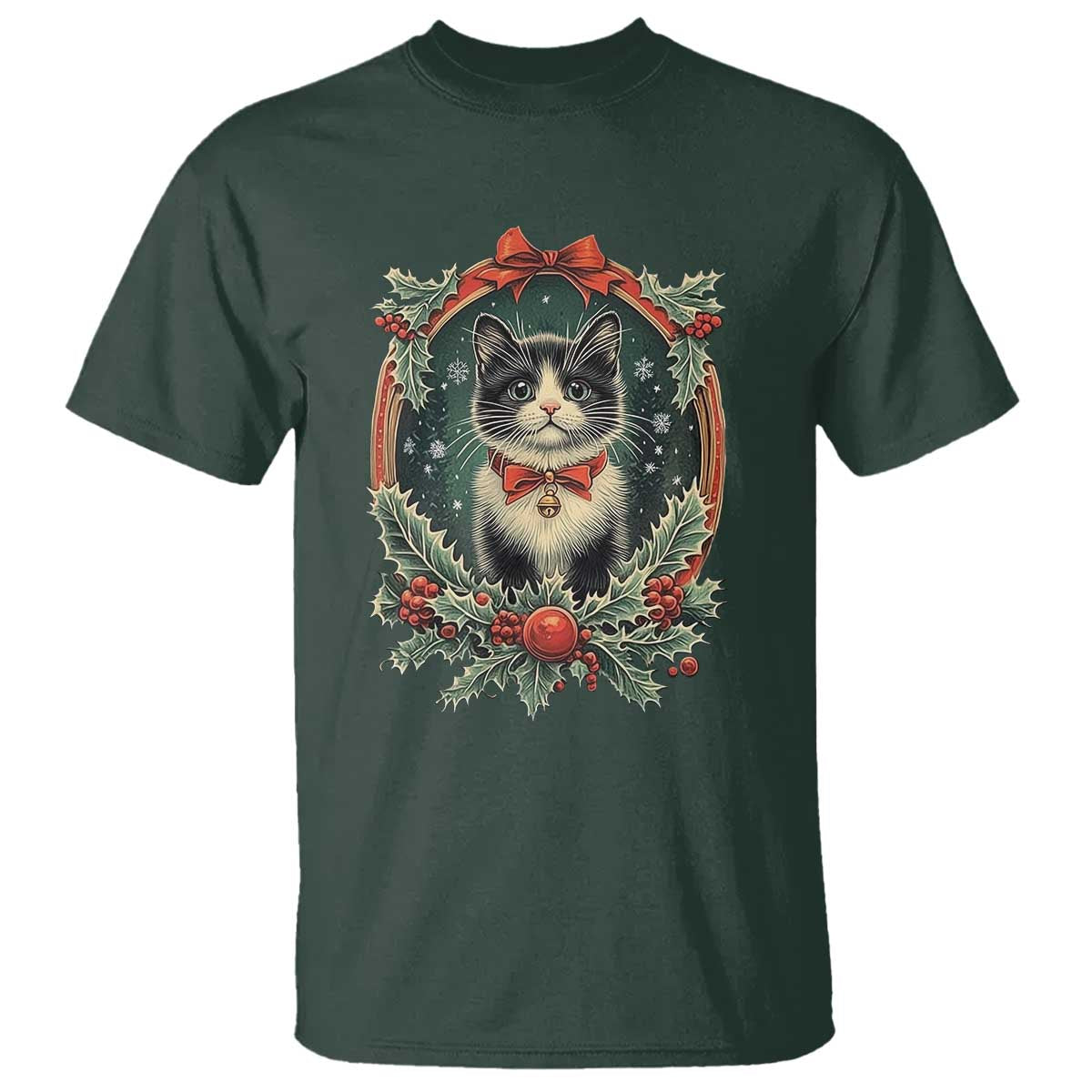 Christmas Cat T Shirt Vintage Kitten Royal Holly Victorian Wreath - Wonder Print Shop