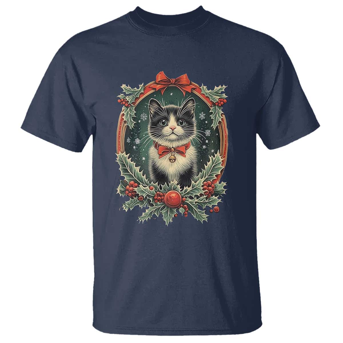 Christmas Cat T Shirt Vintage Kitten Royal Holly Victorian Wreath - Wonder Print Shop
