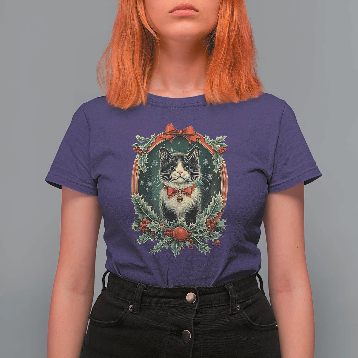 Christmas Cat T Shirt For Women Vintage Kitten Royal Holly Victorian Wreath - Wonder Print Shop