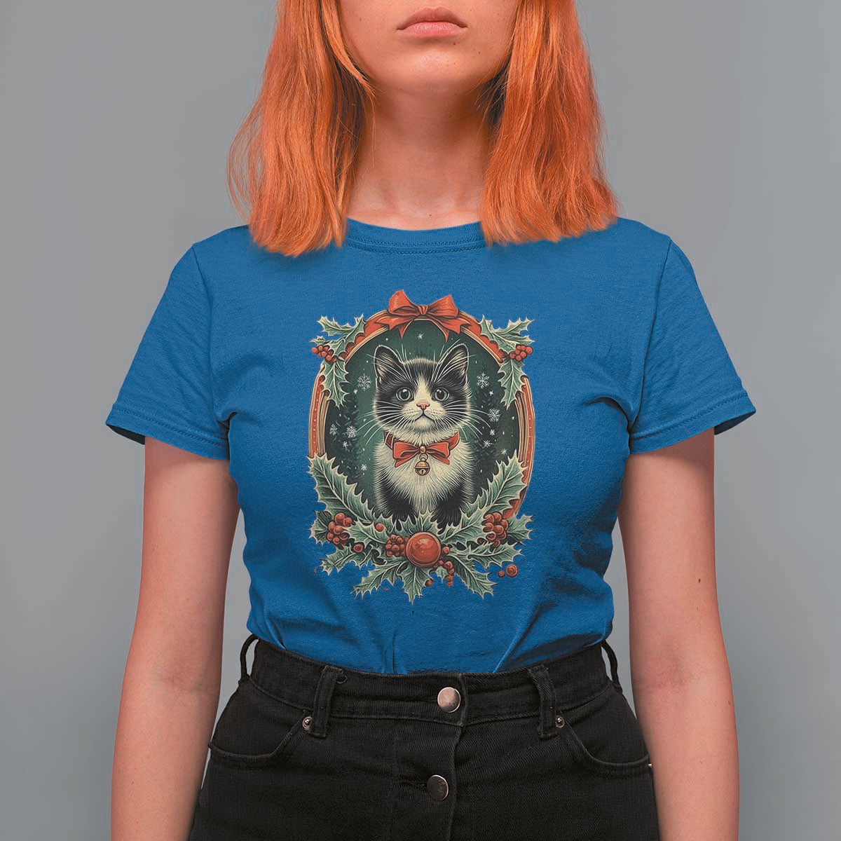 Christmas Cat T Shirt For Women Vintage Kitten Royal Holly Victorian Wreath - Wonder Print Shop