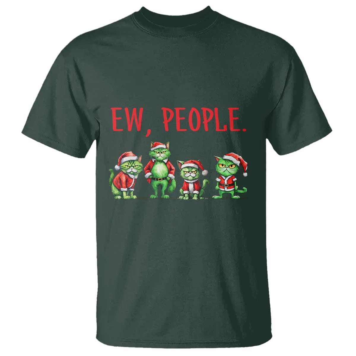Funny Christmas Cat T Shirt Ew People Green Cat Santa - Wonder Print Shop