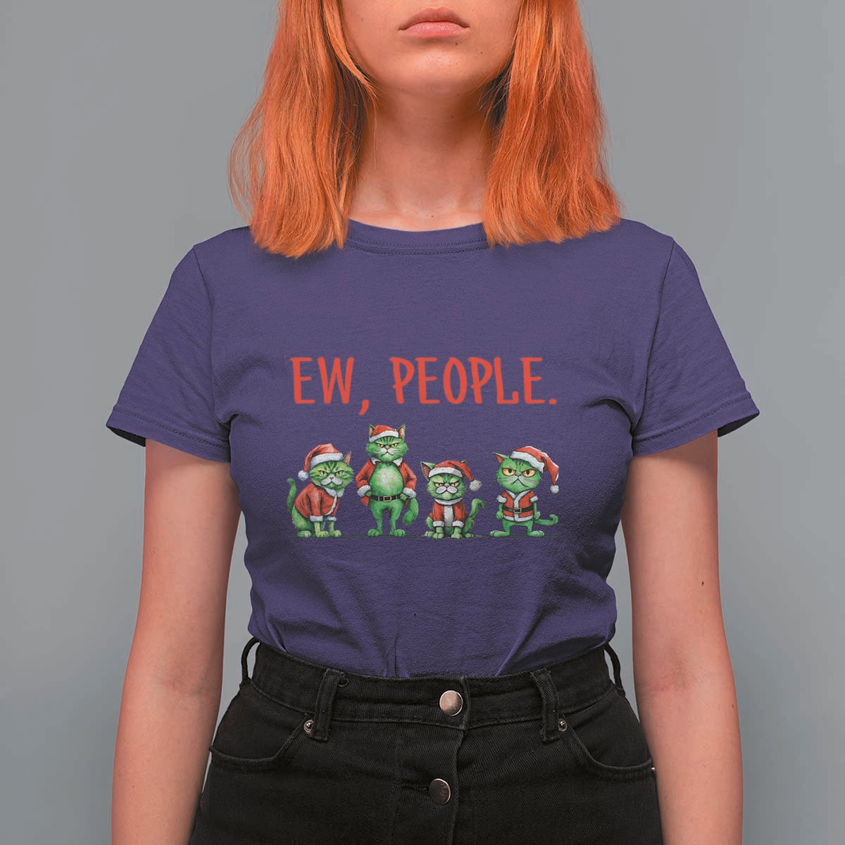 Funny Christmas Cat T Shirt For Women Ew People Green Cat Santa - Wonder Print Shop