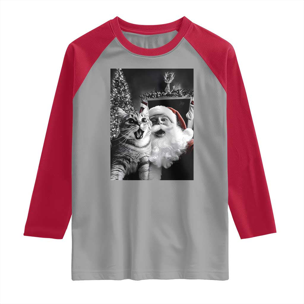 Funny Christmas Cat Selfie With Santa Raglan Shirt