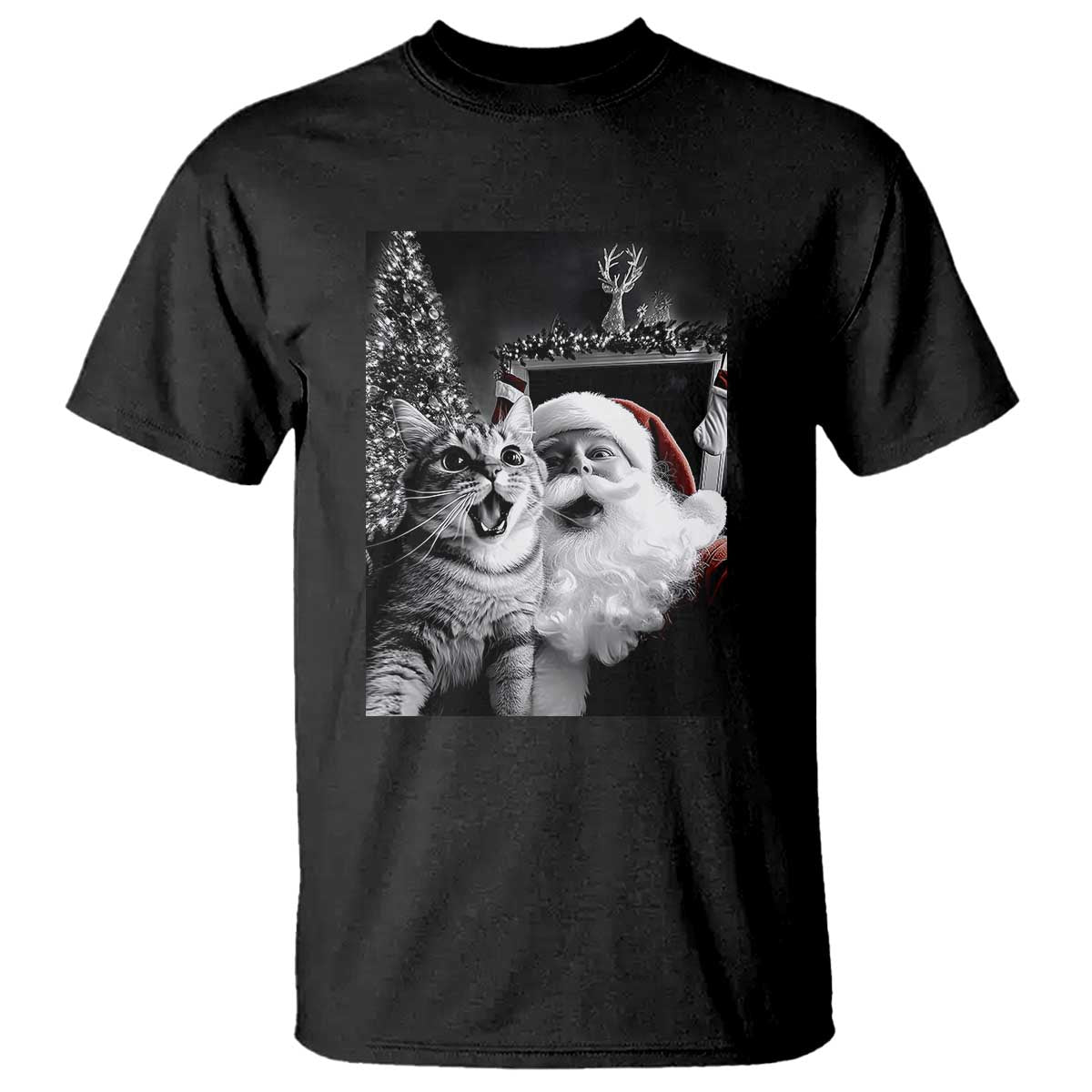 Funny Christmas Cat Selfie With Santa T Shirt - Wonder Print Shop